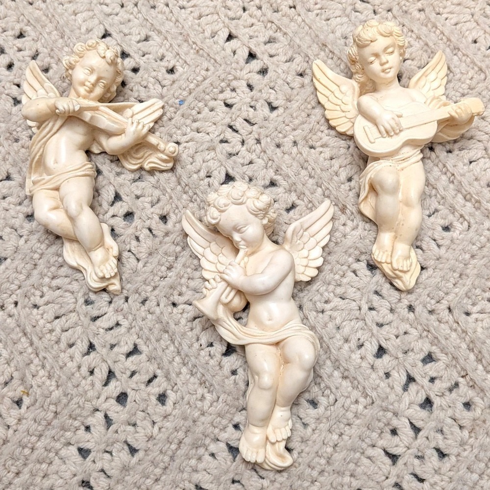 Vintage Alabaster Ware Musical Cherubs Set of 3 Wall Hanging Figurines Cream 6in